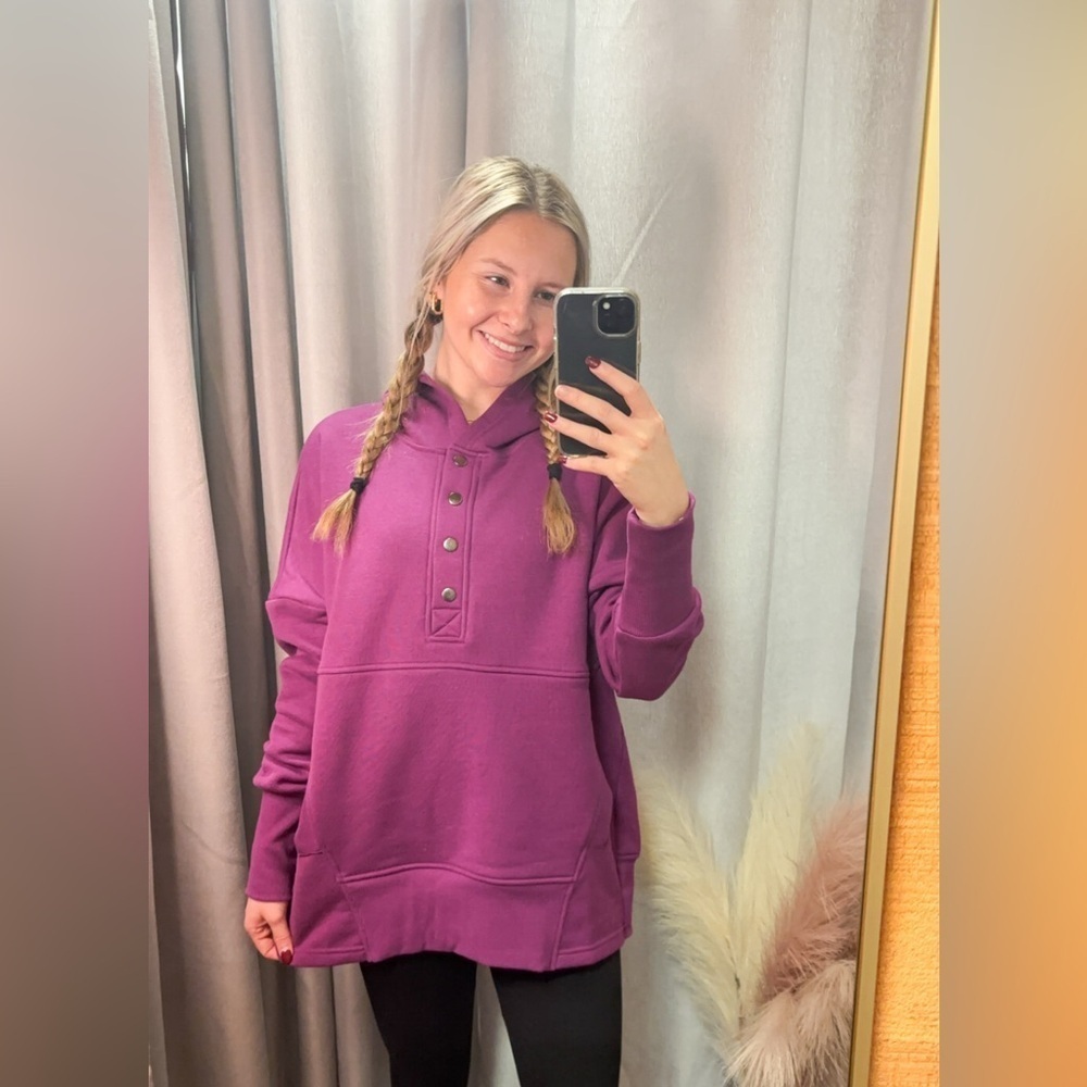 ZENANA DARK PLUM  HALF BUTTON FLEECE HOODED PULLOVER - Picture 3 of 5
